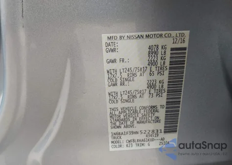 2017 Nissan Titan Xd S Diesel z USA, uszkodzony, nr VIN 1N6BA1F39HN522831